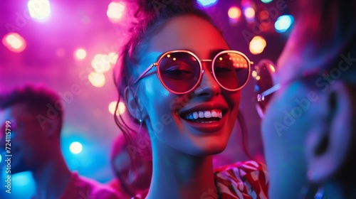 Neon Glow Party Joy: Friends Celebrating. Generative ai © Scrudje