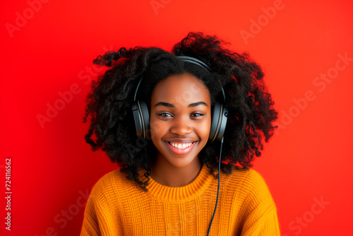  a happy young African American woman wearing big headphones in front of a neutral red background 