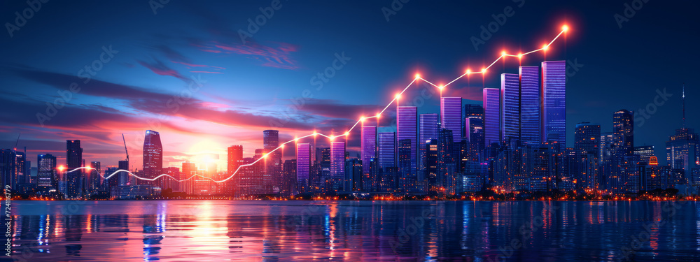 Obraz premium Illuminated Symphony: Mesmerizing Cityscape With a Glistening Water Reflection