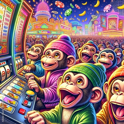 Excited monkeys at slot machines in colorful arcade.