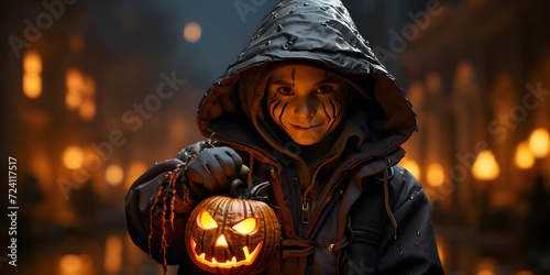 Witch girl with jack o lantern in Halloween vibe