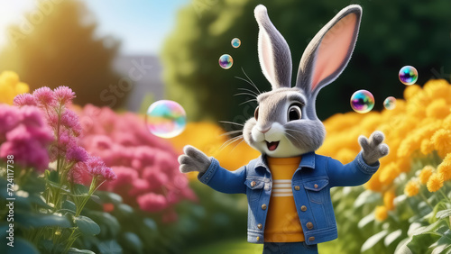 Happy easter bunny with soap bubbles in the garden..  Generative AI