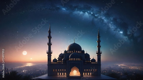 Mosque Silhouette Under the Night Sky. Suitable for Ramadan concept, Islamic concept, Greeting card, Wallpaper, Background, Illustration, etc  © dreambender