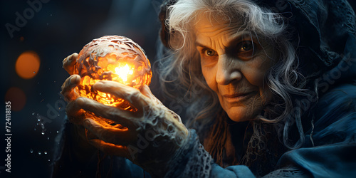 Old witch with magic crystal ball in Halloween vibe