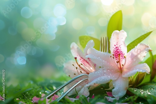 Close-up of a flower with water drops on its petals with a fork and knife on green grass