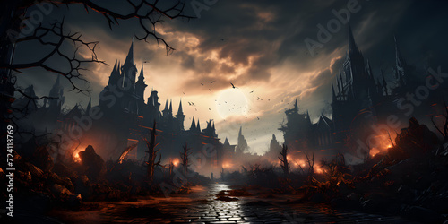 Spooky castles under dark night sky in Halloween vibe