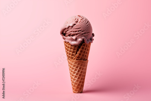 Strawberry ice cream in a waffle cone on a pink background, Copy space