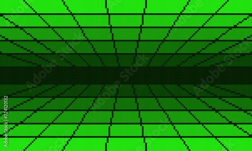 Pixel green cyber perspective grid retro background. Neon digital tile corridor with techno mesh lines and endless futuristic surface in 80s electronic style with simple vector design