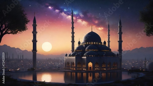 Big Mosque Silhouette Under Starry Night. Suitable for Ramadan concept, Islamic concept, Greeting card, Wallpaper, Background, Illustration, etc  © dreambender