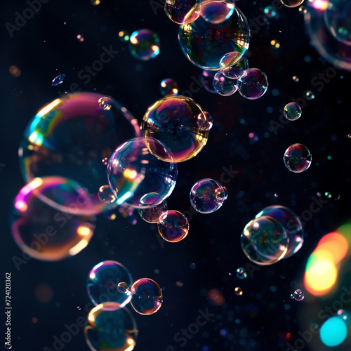 Colorful soap bubbles on black background. 