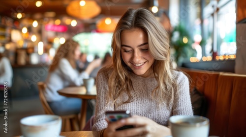 Young woman smiling while looking at her phone in a cafe