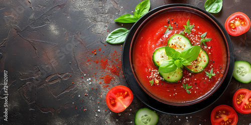 Chilled Gazpacho Soup with Diced Vegetables. Gazpacho soup topped with finely diced vegetables and parsley, served in a bowl, copy space.
