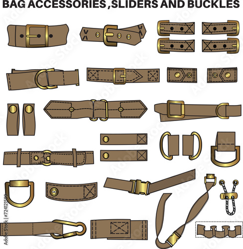 Buckles, Sliders and clasps flat sketch vector illustration set, different types bag accessories, locks and buckles for back packs, climbing equipment, garments dress fasteners and Clothing belt