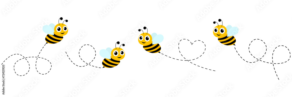 Cartoon bees set. Bee flying on dotted route. Vector illustration isolated on white background. Cartoon bees set. Bee flying on dotted route. Vector illustration isolated on white background.