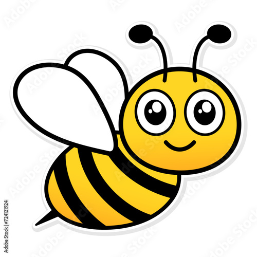 Bee sticker. Cartoon happy honeybee. Vector illustration isolated on white.