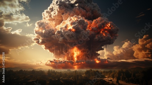 Big explosion of nuclear bomb with smoke in the sky.