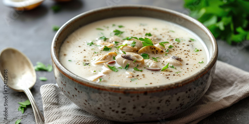 Creamy Clam Chowder with Fresh Parsley. Close-up of creamy New England clam chowder garnished with parsley in a bowl. photo