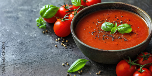 Fresh Tomato Basil Soup in Earthenware Bowl. Vibrant tomato soup garnished with basil, in a rustic bowl, fresh tomatoes puree.