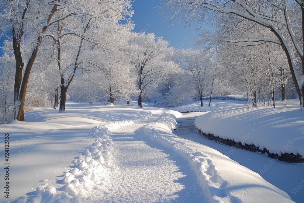 Fototapeta premium A snow-covered park with a winding path