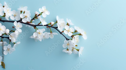 Elegance in Bloom  Close-up view of a white cherry branch flat laying  perfect for a banner with free space for text.
