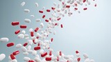Medication Showcase: Banner with free space for text. Scattered white pills, a mockup for special offers in medicine, pharmacy, and healthcare.