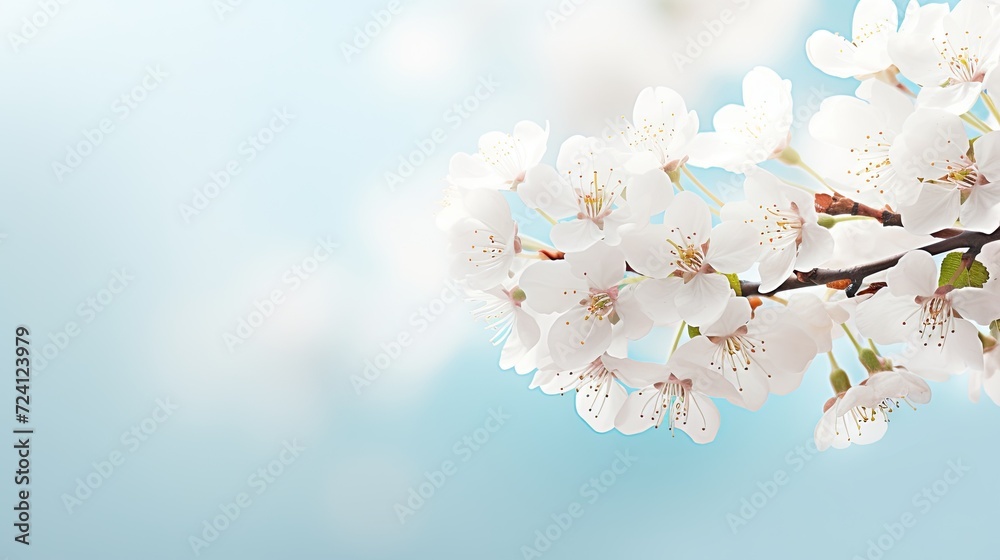 Elegance in Bloom: Close-up view of a white cherry branch flat laying, perfect for a banner with free space for text.