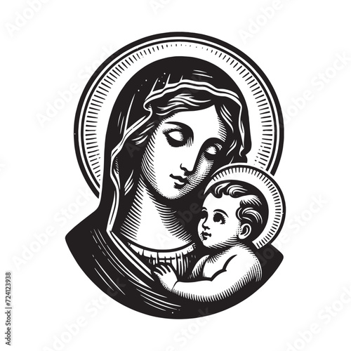 Virgin Mary with baby Jesus in her arms.
Vintage vector engraving illustration. Black and white color. isolated object. Icon, round logo, emblem