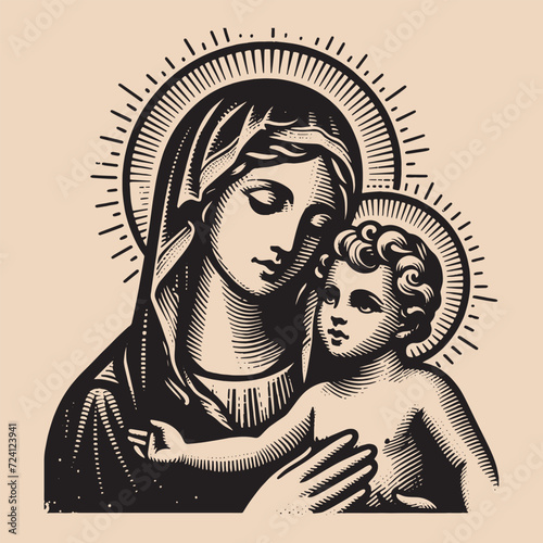 Virgin Mary with baby Jesus in her arms.
Vintage vector engraving illustration. Black and white color. isolated object. Icon, round logo, emblem