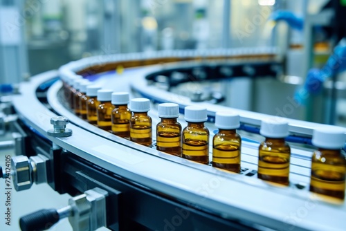 Bottling line of medicine bottles on the conveyor belt. Pharmaceutical industry. AI.