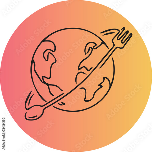 World Cooking Logo with Spoon and Black Logo, World Map, Purple and Yellow Gradient Background, Vector Logo