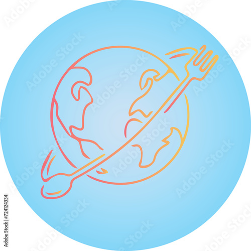 World Cooking Logo with Spoon and Purple and Yellow Gradient Logo, World Map Blue Background, Vector Logo