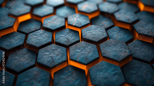Motif numérique d'hexagones sur fond abstrait, bleu profond et lueur orange photo