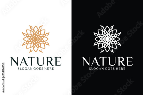Line art flower logo design with creative concept Luxury Nature flower leaf ornament logo icon design template. Gold, elegant, beauty, spa, yoga, cosmetics