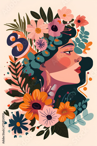 Poster with a woman s face in flowers  vector illustration design for International Women s Day on March 8.