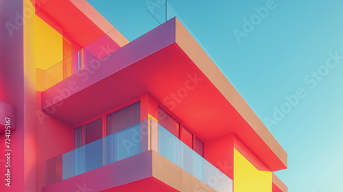 A vibrant abstract residential building set against a contrasting blue sky..