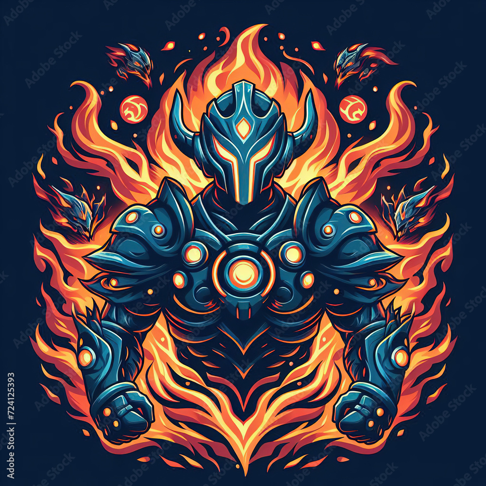 Armor man with flames ,graphic design, for t-shirt prints, vector illustration