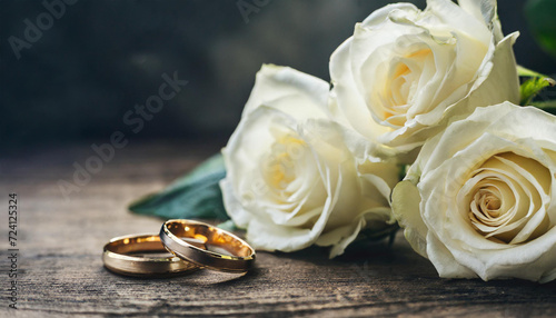 Wedding anniversary, pair of wedding rings, white roses, copyspace on a side