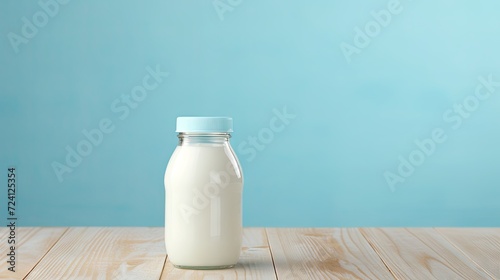 Nourishing Moments: Bottle of white milk on a wooden table, light blue wall background. A closeup view, conveying the concept of baby feeding.