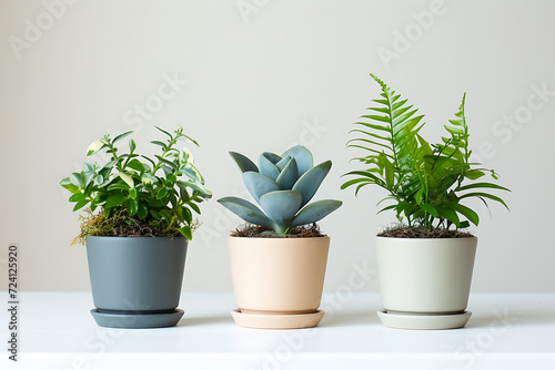 three small potted plants on a white surface in