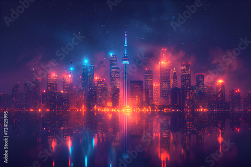 Luminous outlines of a city skyline embraced by mesmerizing neon lights isolated on black background. Created with generative AI.