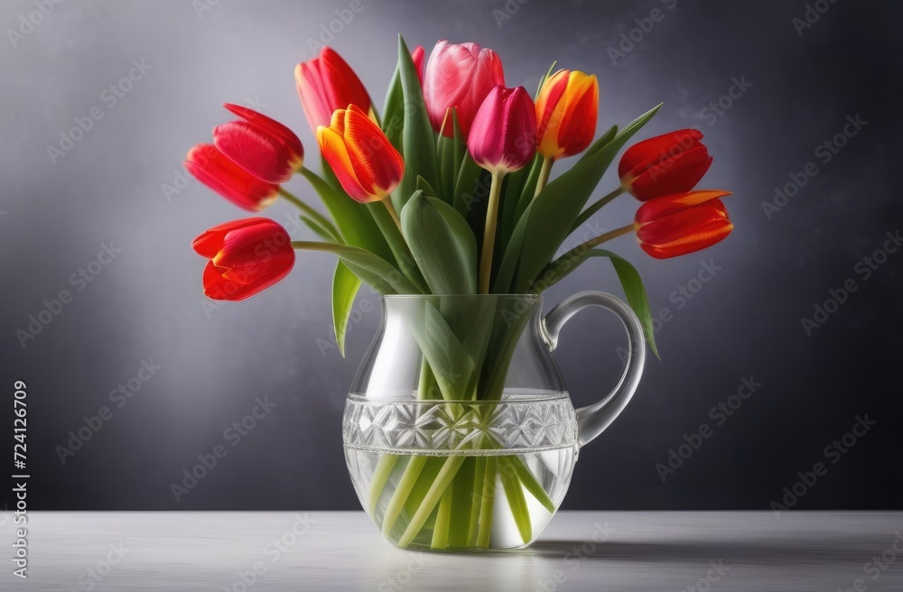 Valentine's Day, Mother's Day, National Grandmothers Day, International Women's Day, bouquet of red tulips in a glass vase, dark gray background Valentine's Day, Mother's Day, National Grandmothers Day, International Women's Day, bouquet of red tulips in a glass vase, dark gray background