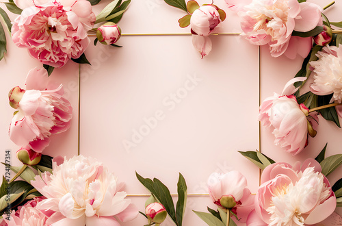 floral peony photo frame background with copy space. Flat lay composition with peonies on a pastel background.