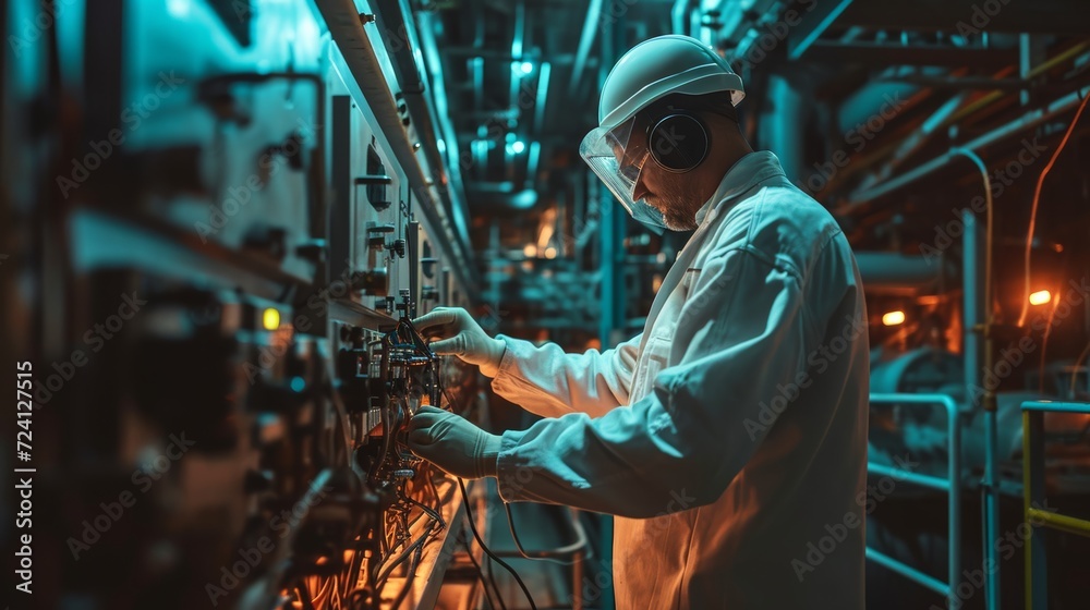 Naklejka premium Ein Elektriker in weißem Overall, Schutzhelm und Gehörschutz prüft und misst den funktionierenden modernen Generatormotor