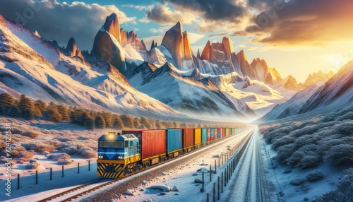 Mountain Freight: The Journey of a Cargo Train Through Majestic Peaks photo