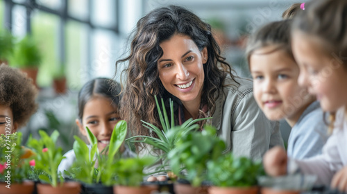 Teacher woman in biology classroom make experiment with kids, Teacher woman learning about plants.