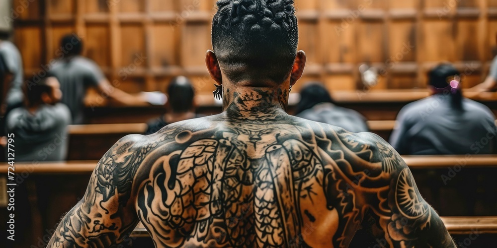 A man with tattoos on his back in a courtroom. Generative AI.