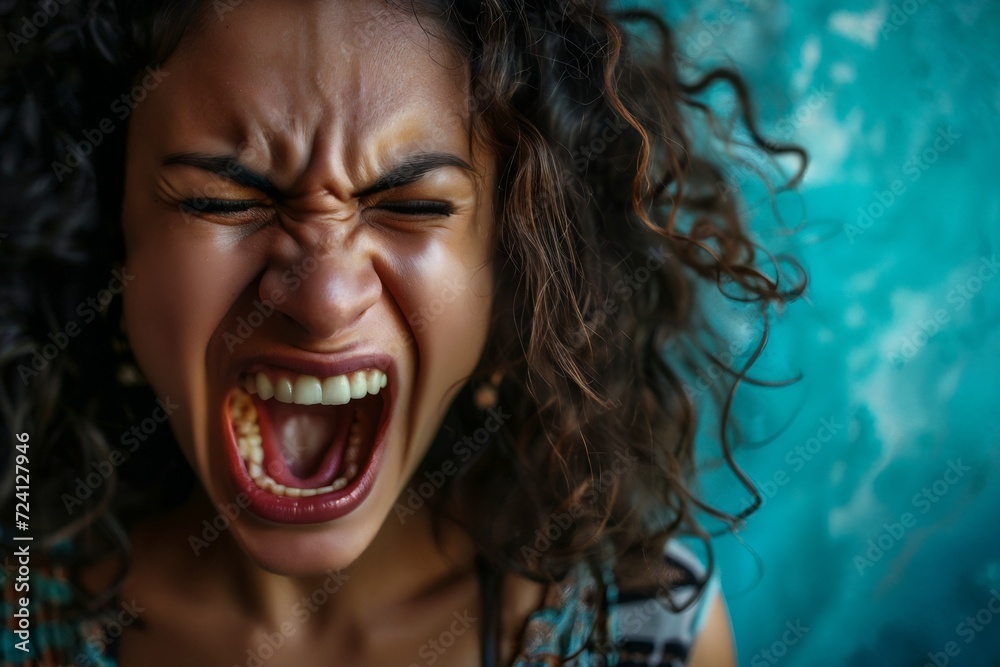 Angry young adult Latin American woman yelling on color background. Hispanic female shouting aggressively with annoyed, frustrated, angry look, feeling furious
