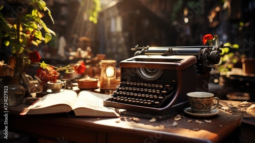 an open book with a quill in front of books with vintage typewriter.