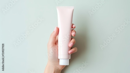 Closeup of a young woman's hand holding a white tube on a light pink table. Care for clean and soft body skin, a daily beauty product.