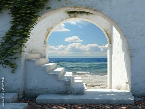 An archway leads to a beach with a view of the ocean. Generative AI.
